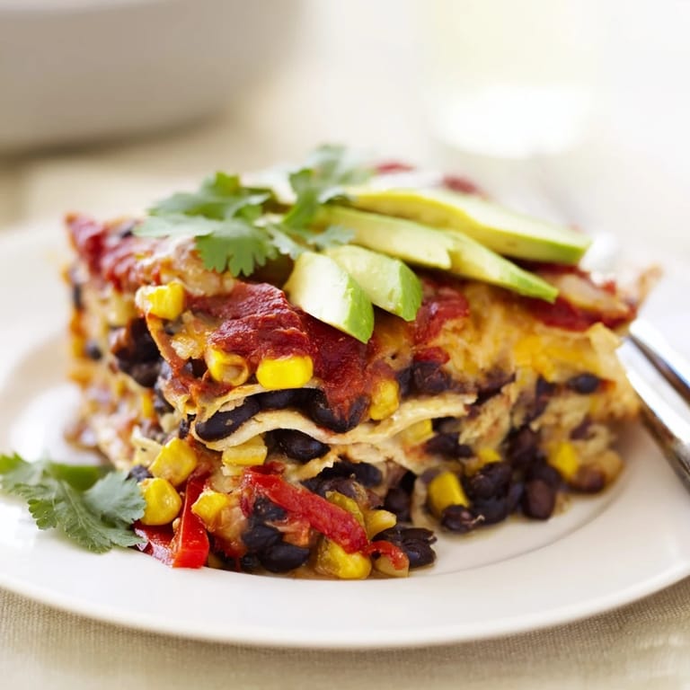 Image of a baked Quick Black Bean and Corn Tortilla Casserole, a delightful Mexican-inspired vegetarian meal.