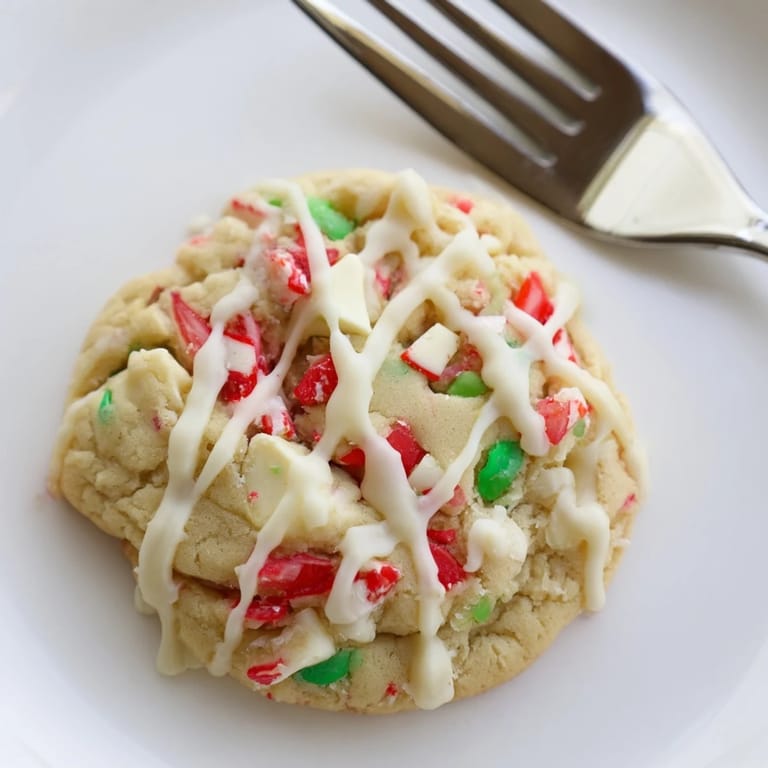 Delicious White Chocolate Peppermint Bark Cookies, fresh from the oven, with melting white chocolate and crunchy peppermint.