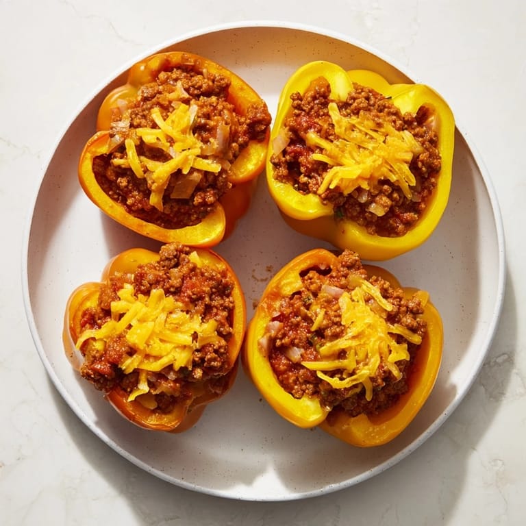 Golden-baked Sloppy Joe Stuffed Bell Peppers, a hearty dish with tender peppers and a rich tomato sauce.