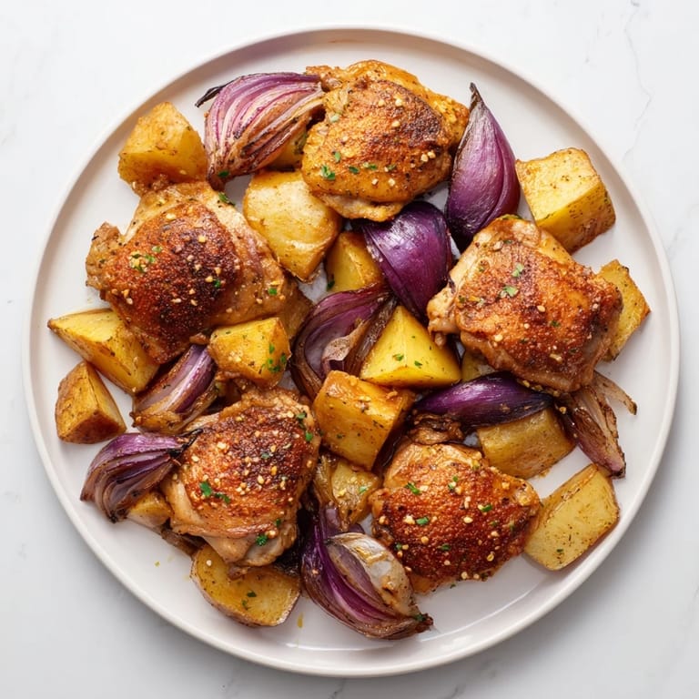 Crispy-skinned zaatar chicken nestled among roasted potatoes, a beautiful image of this easy, aromatic meal.
