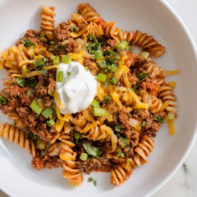 Imagine the cheesy goodness of this Easy Beef Enchilada Pasta, garnished with cilantro and sour cream.