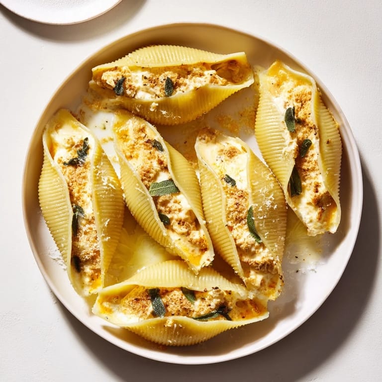 Creamy pumpkin and smoked Gouda stuffed shells, topped with a rich brown butter sage Alfredo sauce.