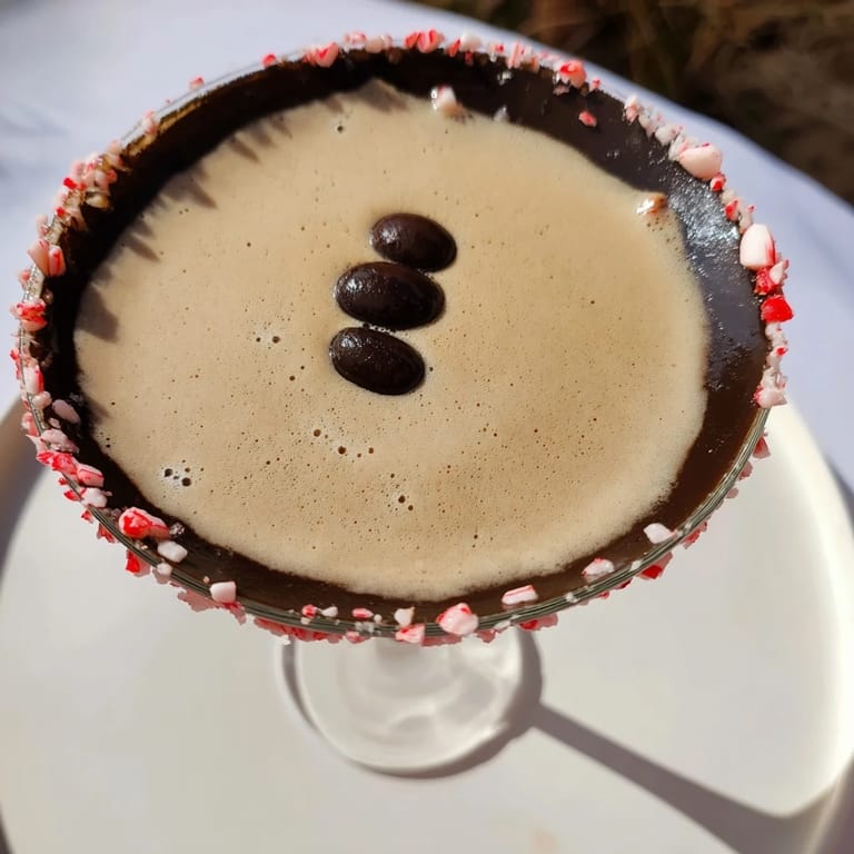 Creamy Peppermint Espresso Martinis in elegant glasses, showing the vibrant mix of coffee and festive flavors.