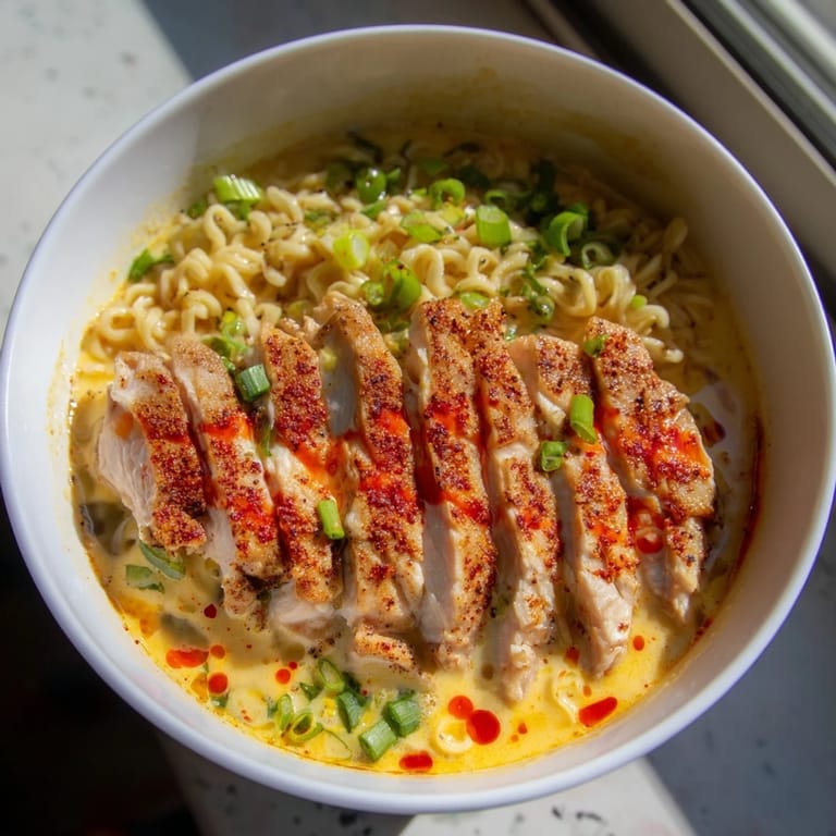 A visually appealing bowl of Fiery Chicken Ramen: rich broth, golden chicken, springy noodles, and a swirl of creamy sauce.