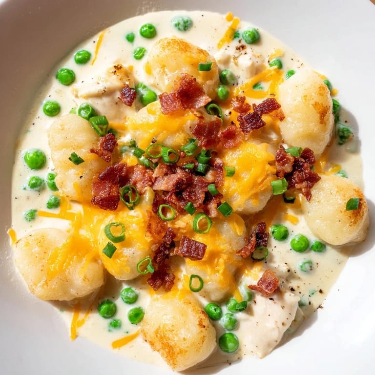 A close-up view of a pan filled with bubbling Creamy Crack Chicken Gnocchi, garnished with green onions.
