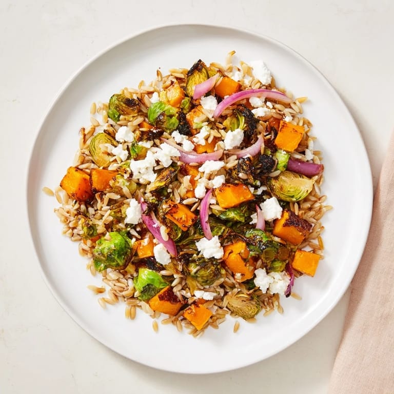 A visually appealing bowl of Best Fall Harvest Orzo Salad, perfect for a vegetarian autumn meal, ready to serve.