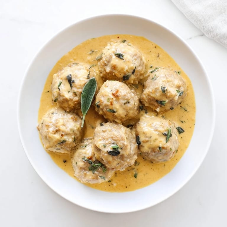 A flavorful bowl of turkey meatballs in pumpkin sage sauce, perfect over fluffy pasta, ready to eat.