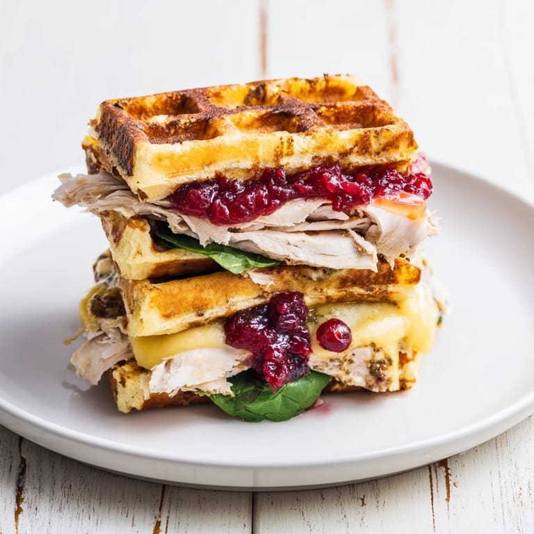 A close-up of a delicious Holiday Waffle Sandwich, showcasing the crispy waffles and vibrant ingredients.