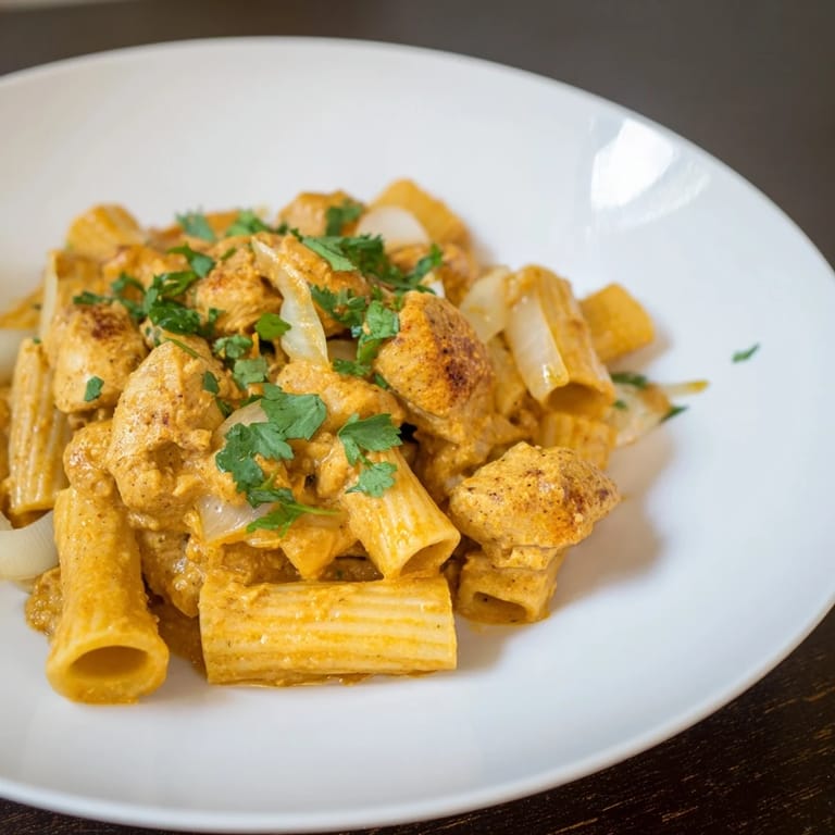 Enjoy a steaming bowl of Creamy Chicken Tikka Masala Pasta, a fusion delight with cilantro garnish.