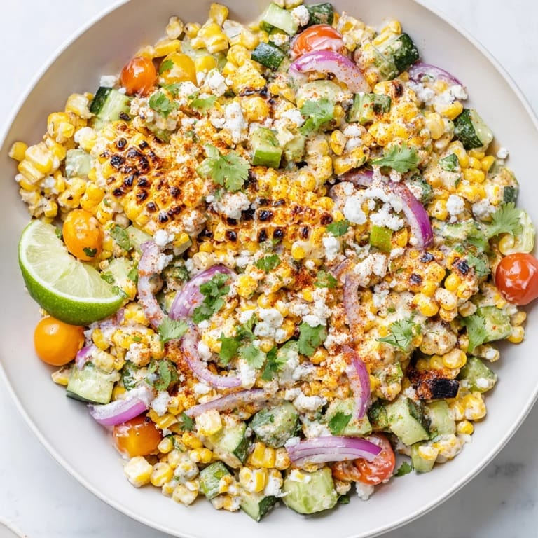 Close-up of a refreshing Mexican street corn chopped salad, perfect for summer meals.