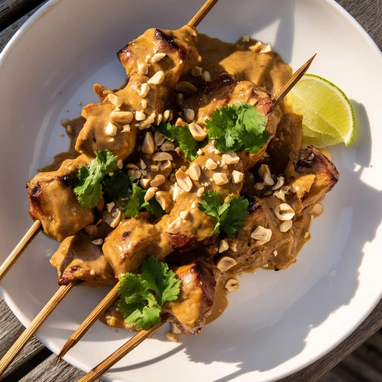 Savory Spicy Peanut Satay Chicken Skewers, beautifully presented with lime and cilantro, ready to eat.