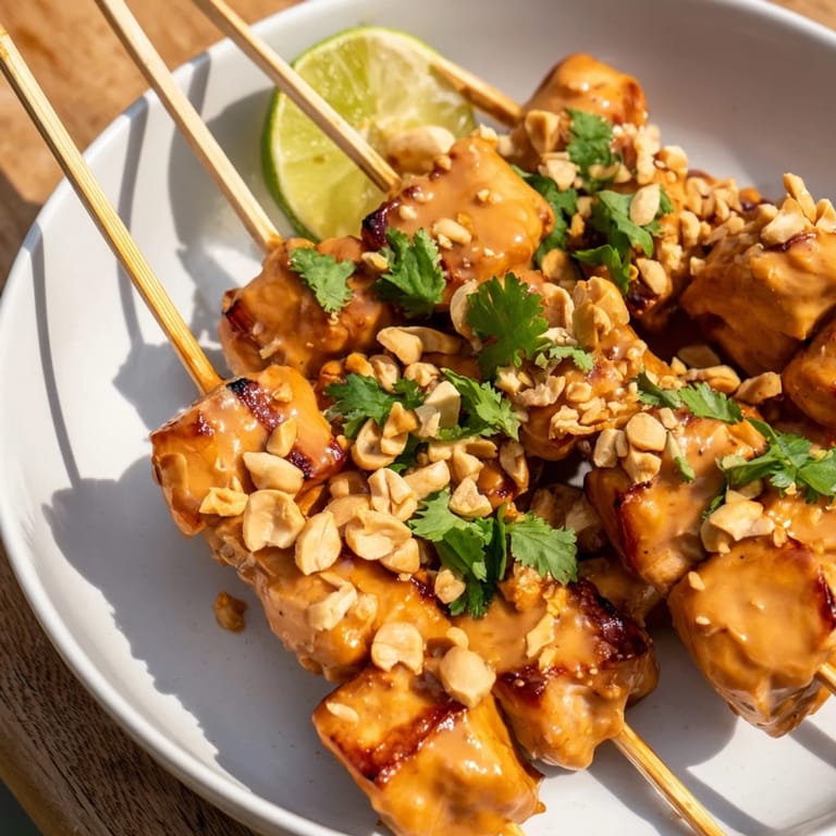 Juicy, marinated Spicy Peanut Satay Chicken Skewers, perfect for a summer cookout with family and friends.