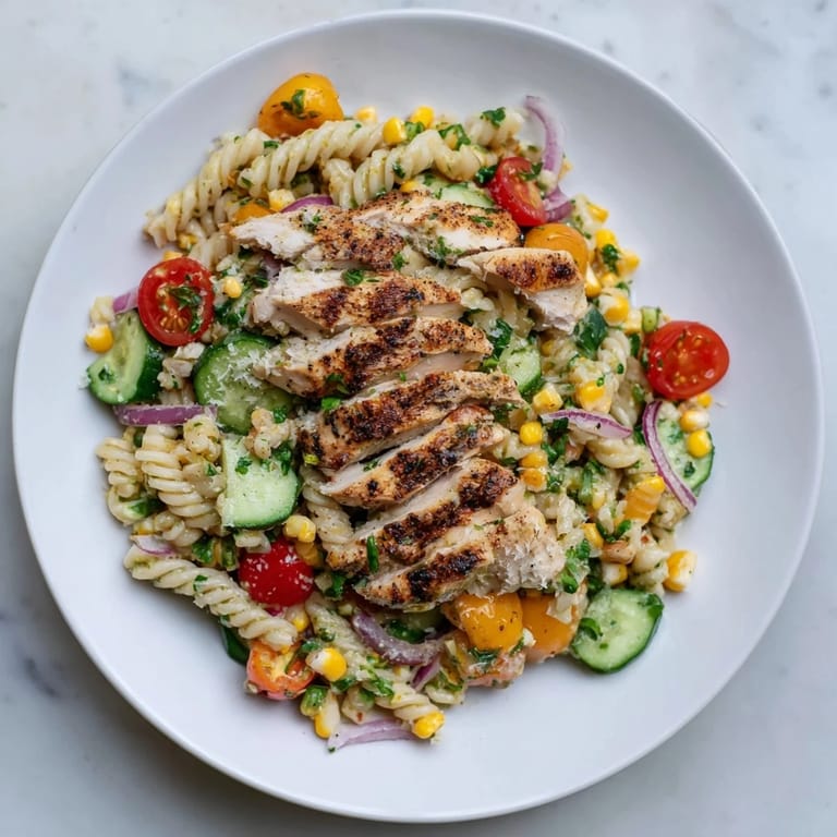 A close-up view displays the fresh Peruvian Aji Verde Chicken Pasta Salad, perfect for a flavorful lunch.