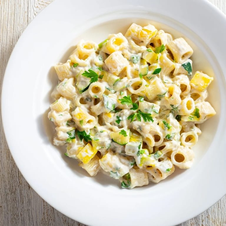 Freshly grated Parmesan cheese tops this flavorful One-Pot Creamy Zucchini Ditalini, a comforting meal.