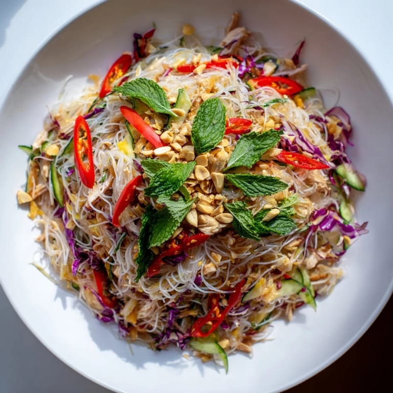 Freshly assembled Vietnamese Crunch Noodle Salad; vibrant with chicken, vegetables, and dressing.