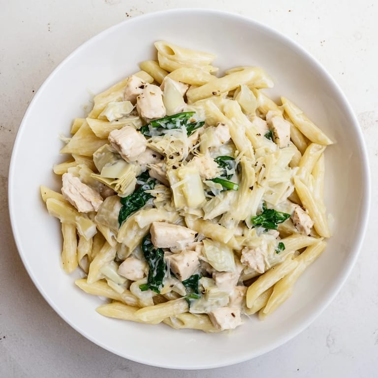 A beautiful skillet of Creamy Spinach Artichoke Protein Pasta, perfect for a quick, hearty dinner.