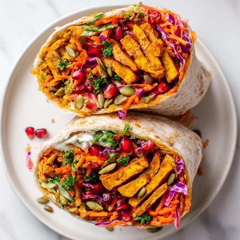 A close-up of a sweet chili tofu crunch wrap, showing layers of filling and vibrant flavors.