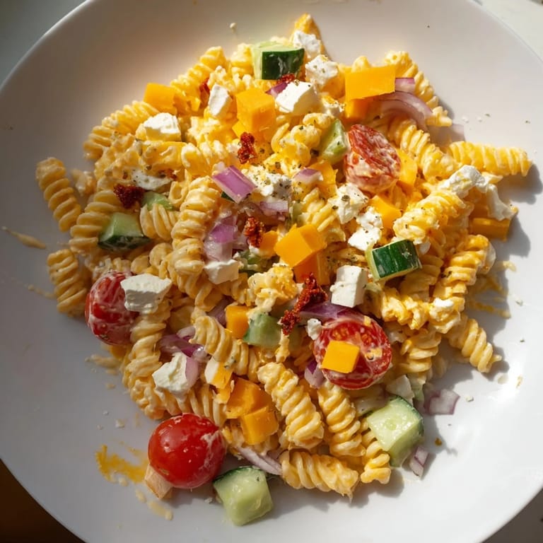 This chilled Greek Yogurt Million Dollar Christmas Pasta Salad is perfect for sharing at a holiday party.
