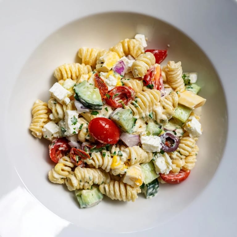 Close-up of a festive Greek Yogurt Million Dollar Christmas Pasta Salad, loaded with fresh veggies.