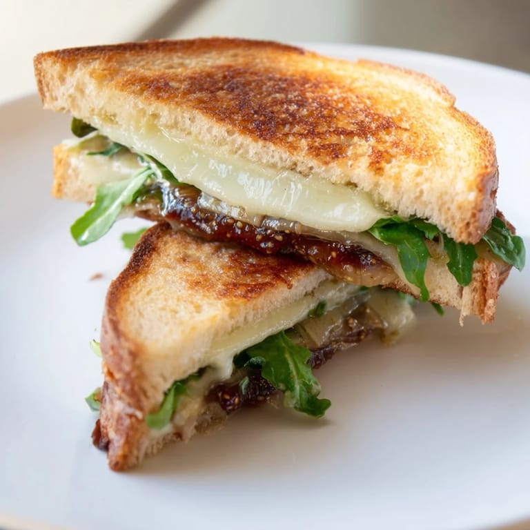 A close-up of a Fig, Brie & Arugula Grilled Cheese, showing the delightful textures and rich flavors.