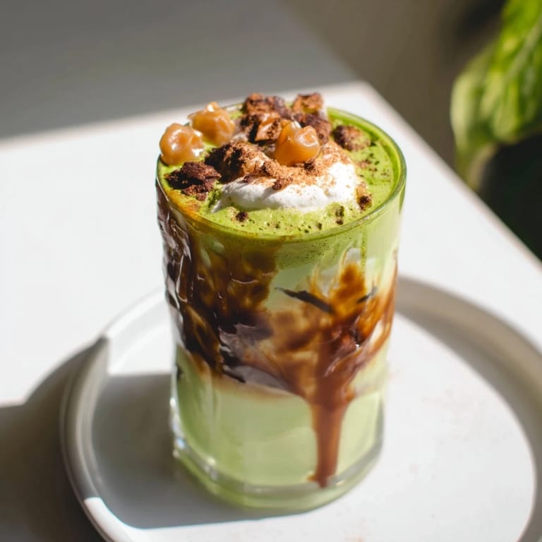 Enjoy a refreshing Caramel Brulée Iced Matcha Christmas Coffee Dupe, an easy holiday treat with crushed caramel topping.