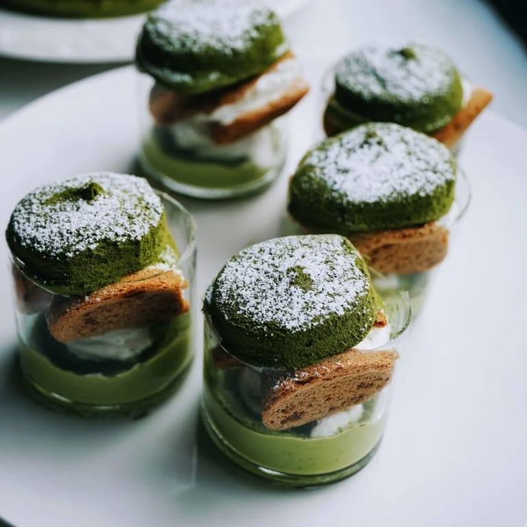 A close-up shot of Matcha Mascarpone Tiramisu Snow Cups, dusted with matcha and powdered sugar.