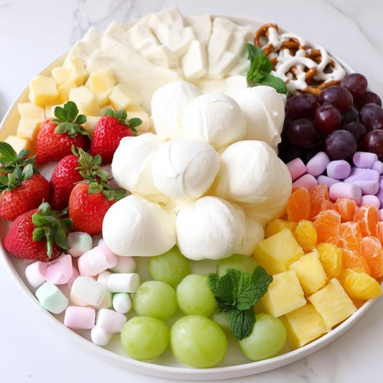 A beautiful overhead shot of the Cloud & Rainbow Grazing Board, perfect for a party appetizer display.