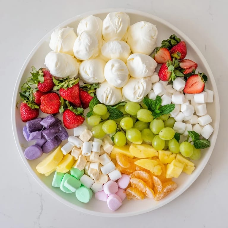 Delicious Cloud & Rainbow Grazing Board features creamy cheeses and a rainbow of fresh, juicy fruits.