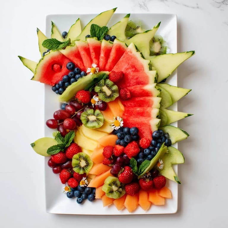 This festive Dragon-Shaped Fruit Tray showcases sweet melon and berries, a beautiful and healthy appetizer.