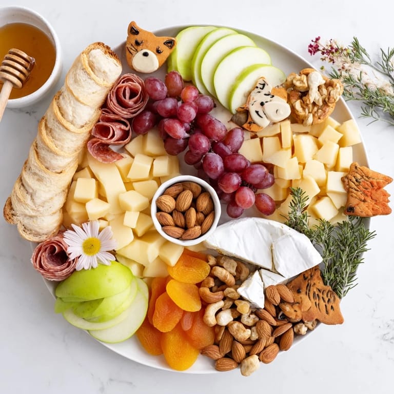 This inviting Cozy Forest Animal Board showcases a rustic wooden board overflowing with delicious cheeses and snacks.