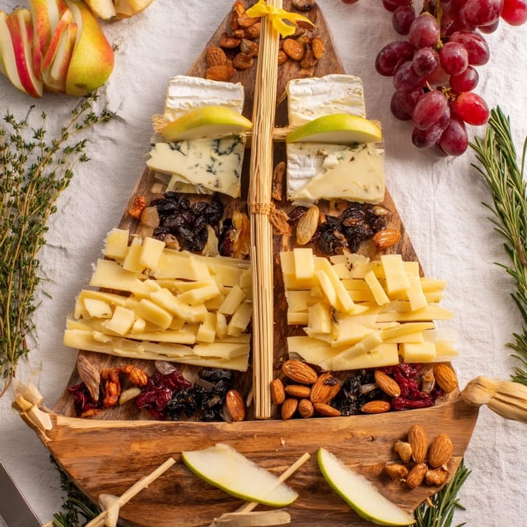 Delicious Sailboat Cheese Platter featuring Brie, cheddar, and fruit, ready for a party.