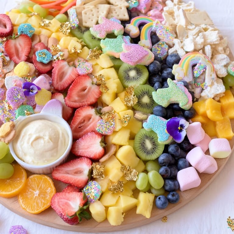 Enjoy a visually stunning Magical Unicorn Rainbow Dessert Board with fresh fruit, sweet marshmallows, and delightful treats.