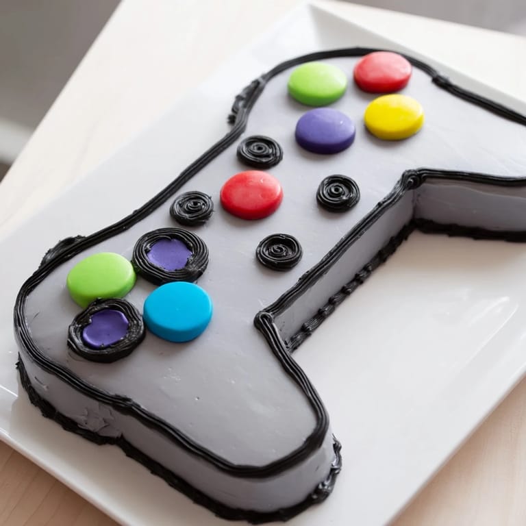 This delicious Pixel Perfect Video Game Controller Board cake is decorated with an array of playful, edible details.