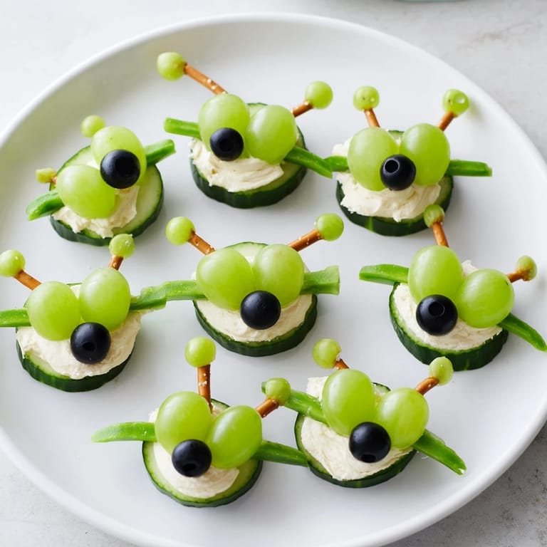 Playful Little Green Men Alien Snack Attack: Fresh veggie aliens with grapes and edible candy eyes, ready to eat!