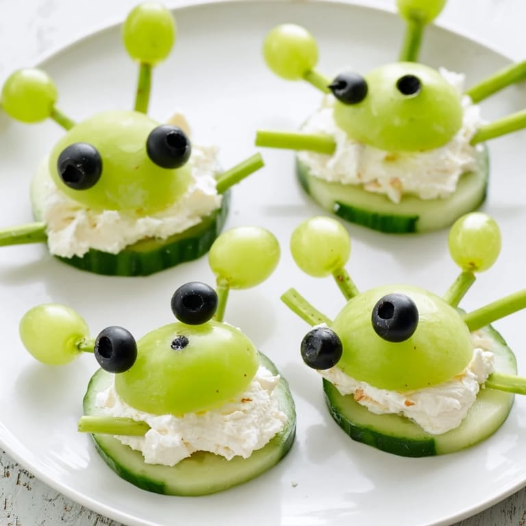 Close-up of adorable Little Green Men Alien Snack Attack; a fun party treat with cucumber and green pepper.