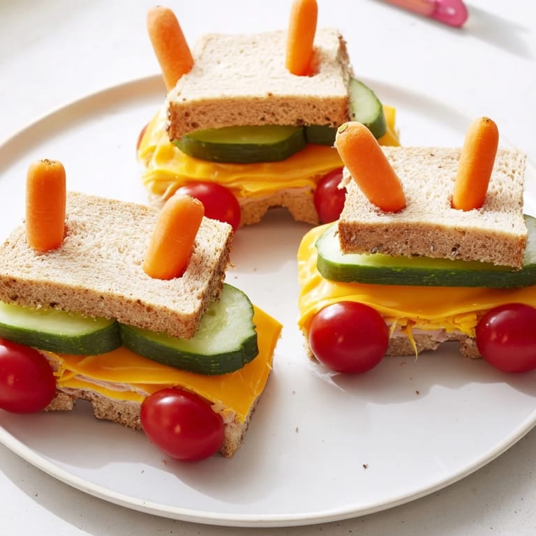Brightly-colored car-shaped lunch, packed with sandwiches and snacks, ready for a road trip adventure.