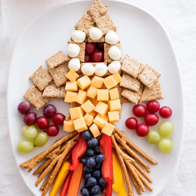 A visually appealing Blast Off Spaceship Snack Board with cheese rockets, hummus, and pretzel stars.