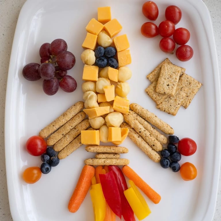The delicious, creative Blast Off Spaceship Snack Board: crackers, fresh fruit, and veggie delights.
