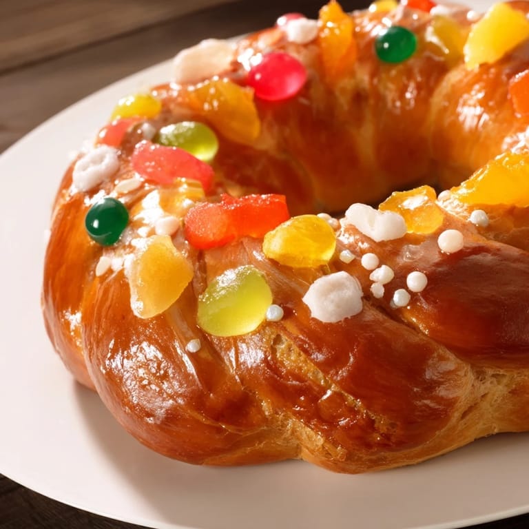 Brightly colored candied fruit jewels sparkle on this picture of a warm, fragrant Couronne de Roi Bijoux Sucrés.