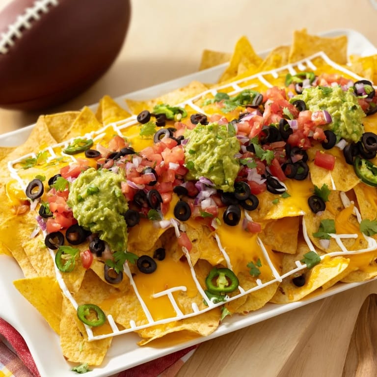 Bright green guacamole and sour cream yard lines decorate this festive Football Field Nacho Platter.