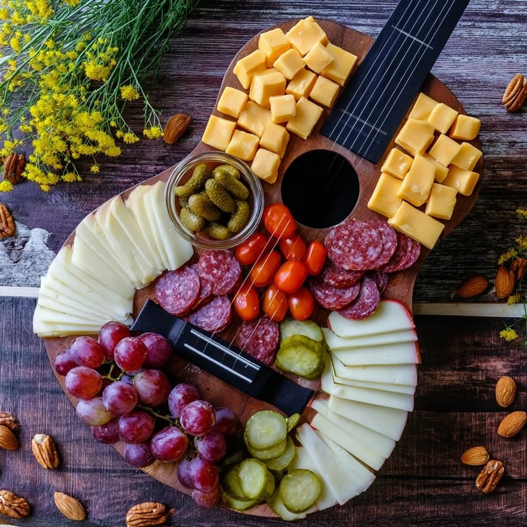 Vibrant Rock Star Guitar Platter appetizer with cured meats, cheeses, and colorful fresh fruits for any party.