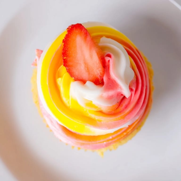 These homemade Mango Strawberry Sunset Cupcakes feature a delicious tropical flavor combination, perfect now.