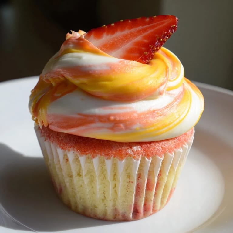 Fresh strawberry slices grace these Mango Strawberry Sunset Cupcakes, ready to be enjoyed at your next party.