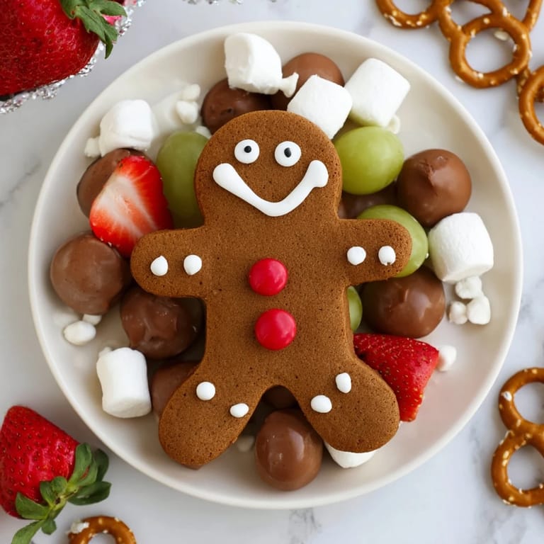 Sweet gingerbread man cookies are arranged around fresh fruit and candies on a holiday Gingerbread Man Cookie Board.