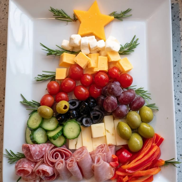 A visually appealing Christmas Tree Charcuterie Board, arranged with colorful meats, cheeses, and fresh fruits.