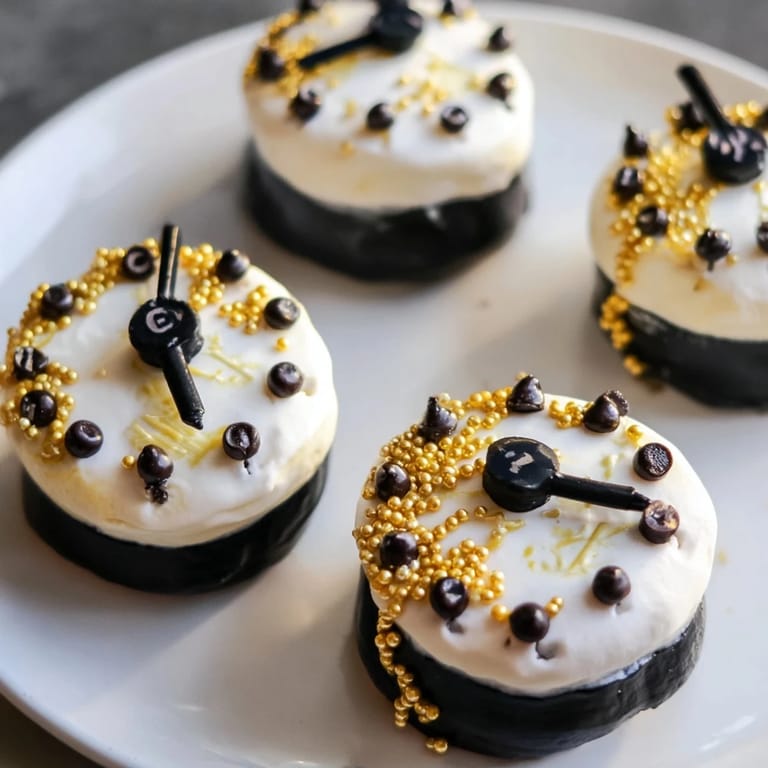 A close-up of delicious Countdown Clock Mini Desserts, decorated with clock faces and edible pearls.