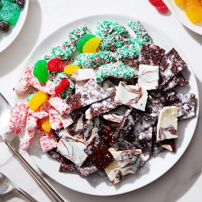 A dazzling close-up showing vibrant, homemade Jingle Bell Rock Candy arranged with other sweet treats this holiday.