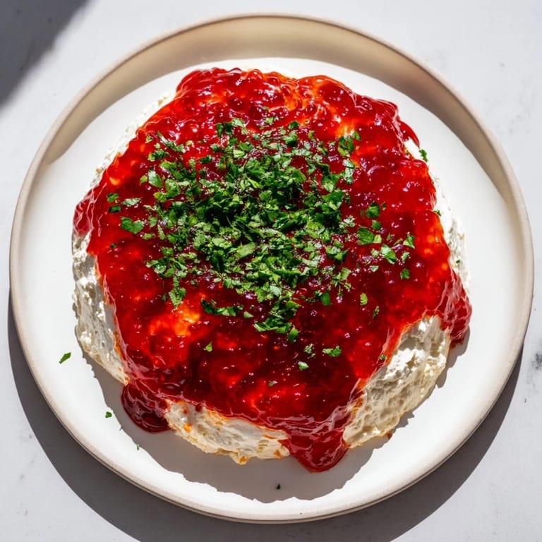 A close-up of the delicious Cream Cheese and Pepper Jelly Star Appetizer, drizzled with colorful red jelly.