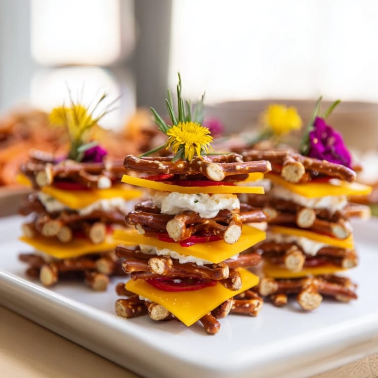 Close up shot of the impressive Rustic Log Cabin appetizer with vibrant red pepper "flowers."