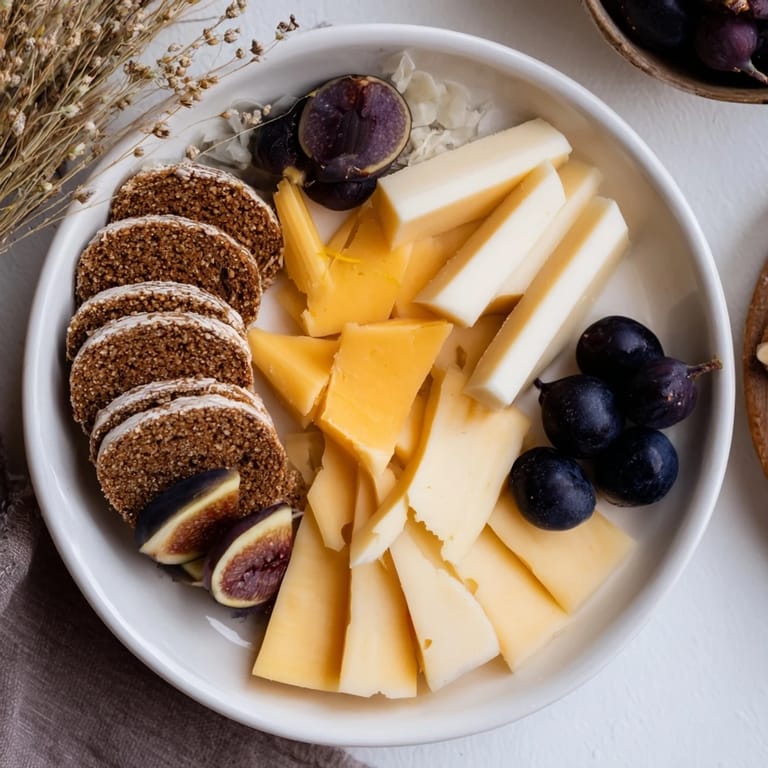 This Crescent Moon & Stars Cheese Board showcases a beautiful arrangement of colorful cheeses and fruits.